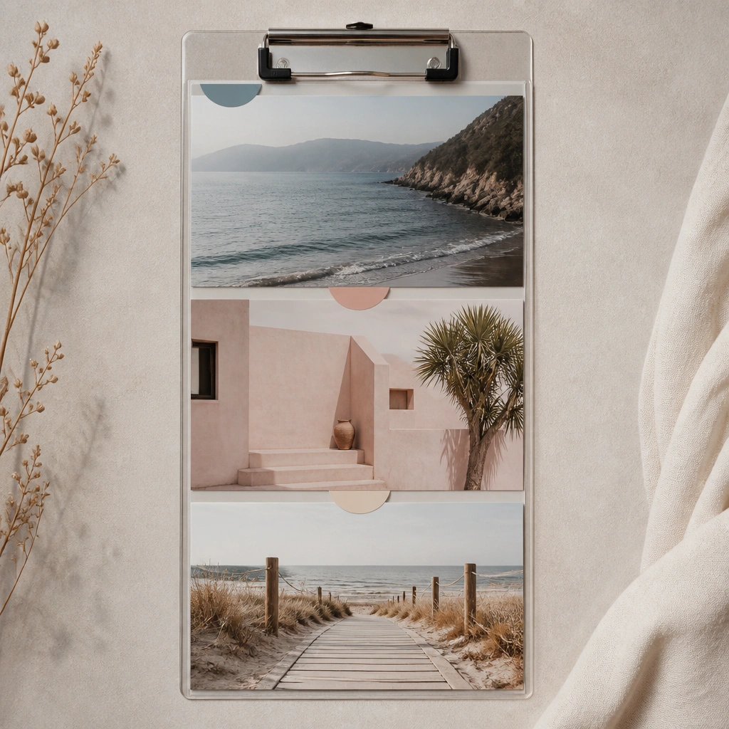 A slim clipboard with a clear front holding neatly arranged printed photos, with thin colored tabs on the top edge of each photo section in muted gray-blue, blush, and sand.