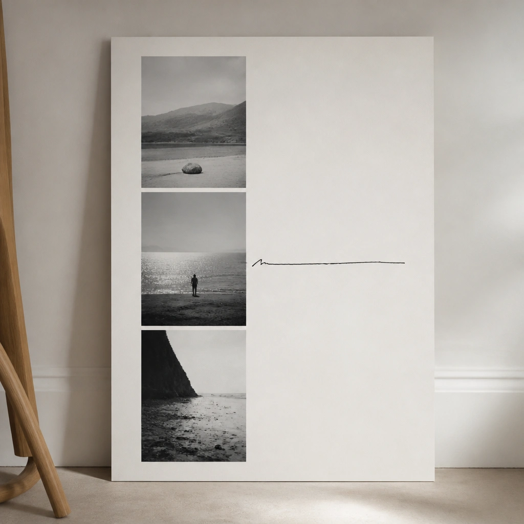 A board with a long vertical strip of monochrome photos, each separated by a thin white margin, and one single handwritten line in black ink beside the middle photo.