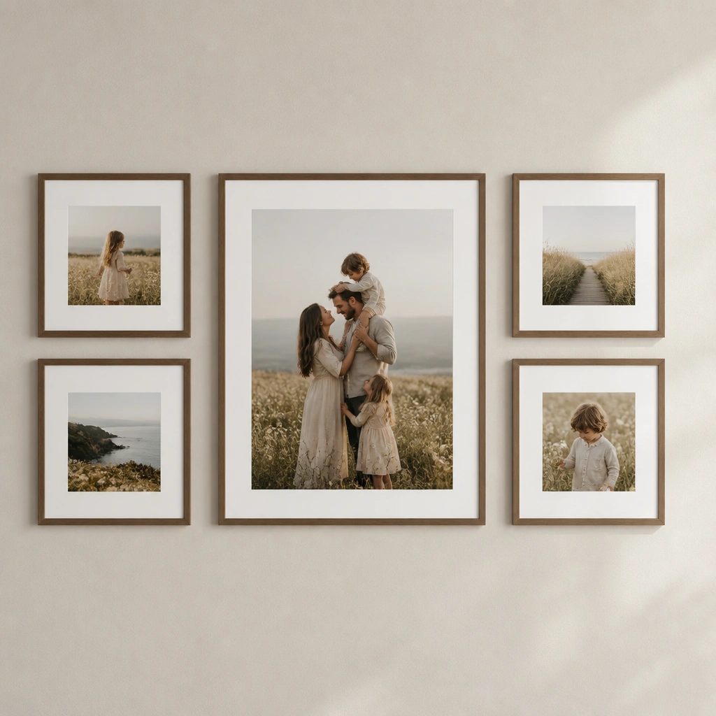 A wall-style layout with one larger centered framed photo, surrounded by four smaller frames at equal distances, all in the same white mat style and aligned height.