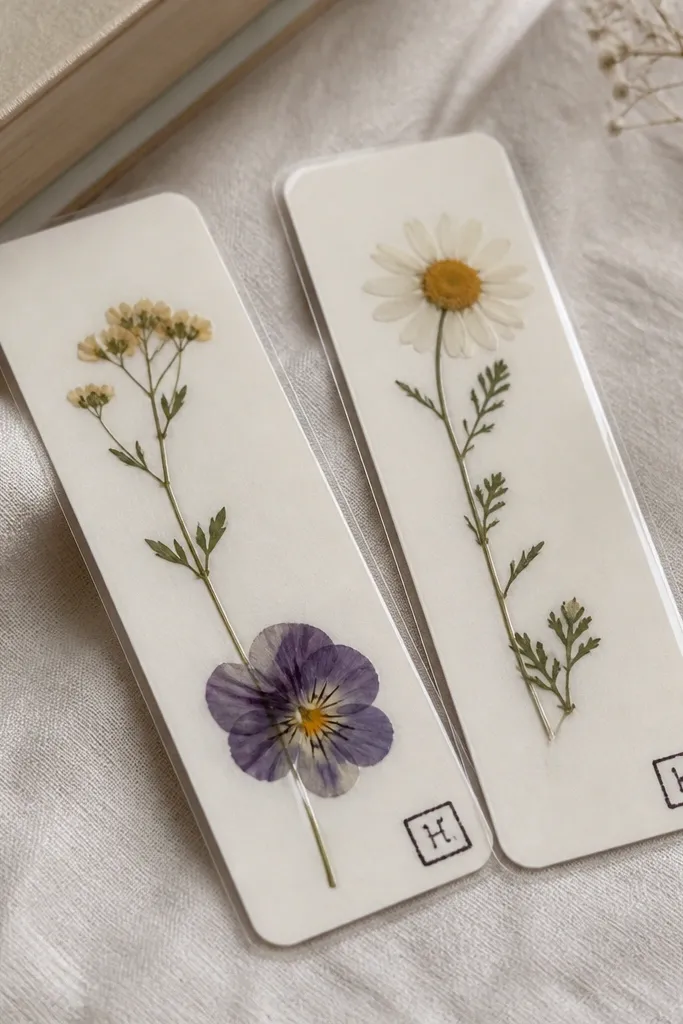 A set of two bookmarks made from thick off-white cardstock; each has a pressed flower sealed under a clear laminate-like cover; a corner has a small square stamp with a child’s initials in dark ink.