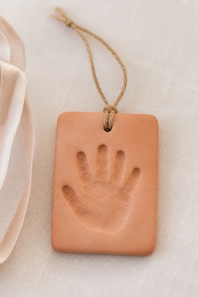 A small rectangular clay pendant with a flat handprint pressed in the center; the background is smooth light terracotta; a thin twine loop at the top; photo of a ribbon next to it for scale.