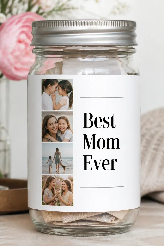 A mason jar wrapped with a clean paper label; a narrow photo strip runs vertically with 4 small photos; “Best Mom Ever” in bold black letters centered; the rest of the label is white with thin gray lines.