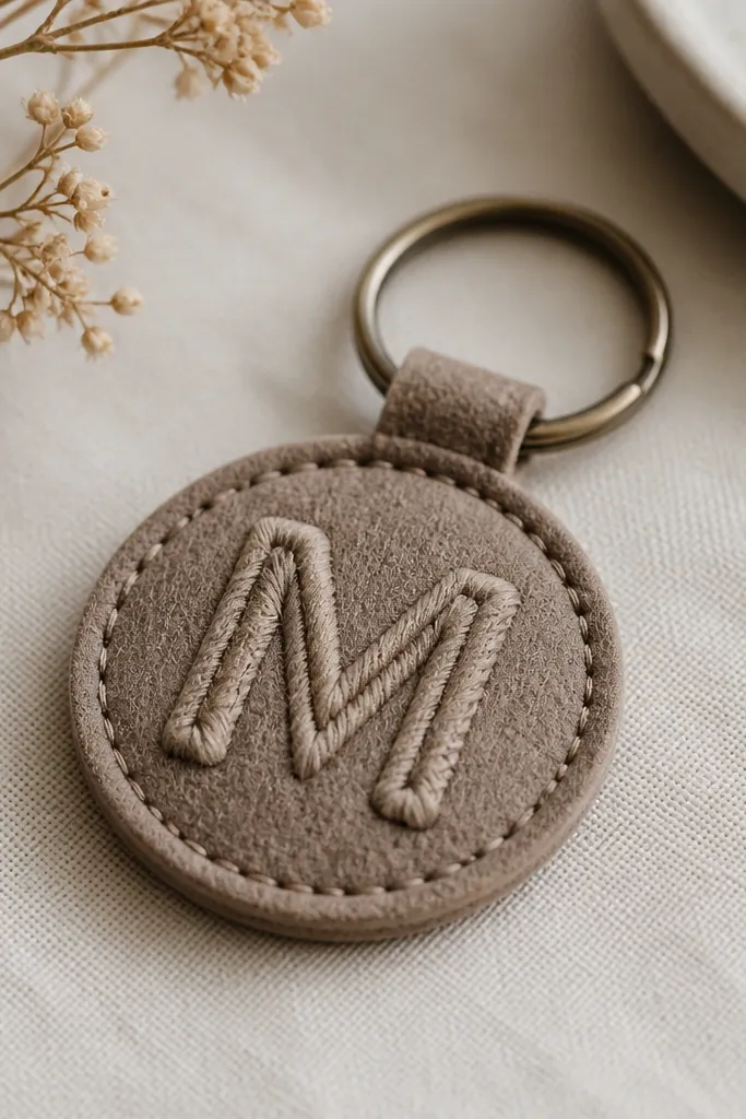 A small round felt or faux-leather keychain blank with a simple monogram stitched in thick thread; the letters are raised slightly like embossing; a metal key ring attached at the top.
