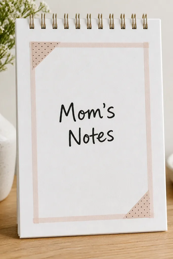 A small notepad with a white cover; thin washi tape borders create a clean rectangle frame; a handwritten “Mom’s Notes” sits centered in black marker; two tiny tape triangles decorate corners.