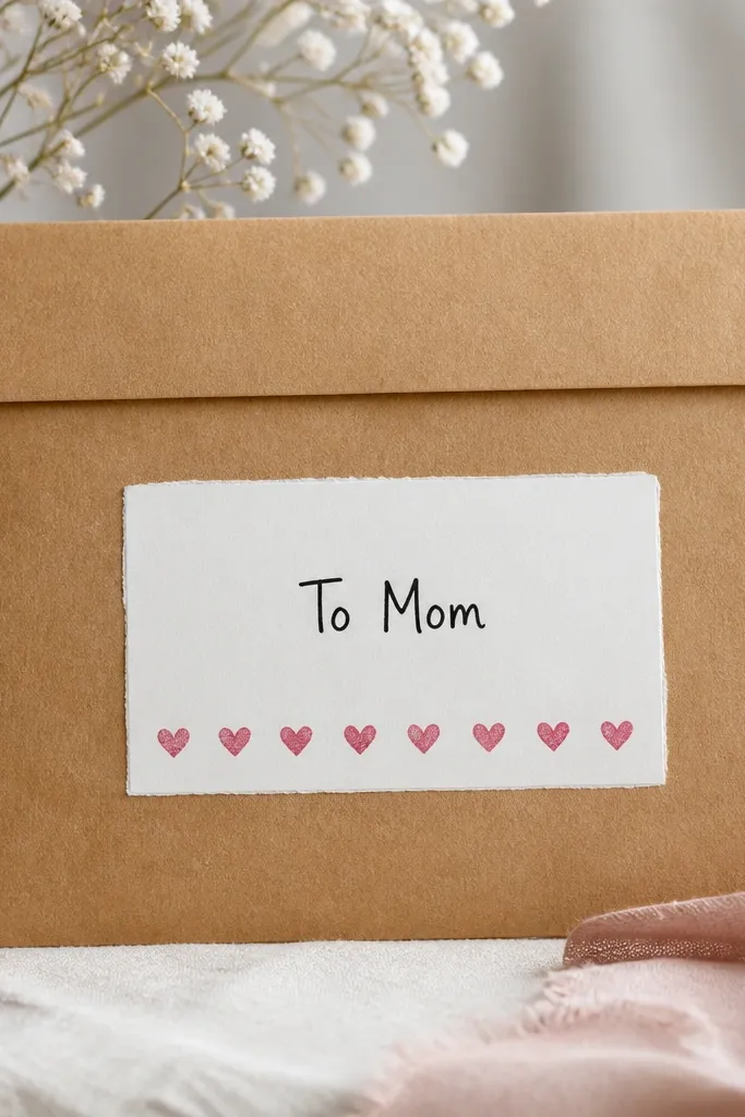 A kraft paper envelope with a clean white label on the front; a row of small heart stamps in one color across the bottom; “To Mom” typed or written in neat black ink.