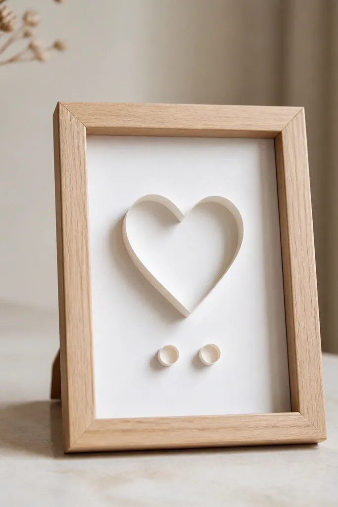 A small tabletop frame with a white backing; inside are folded paper strips forming a simple heart and two small dots; the frame is clean and minimal with a light wood finish.