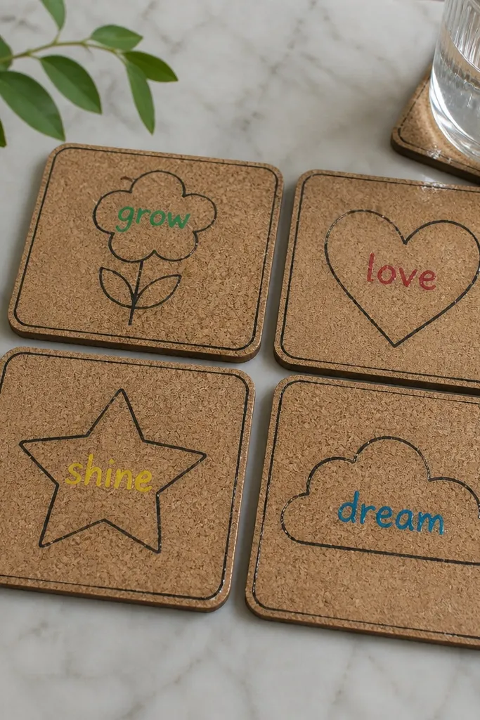 Four square cork coasters with a minimalist design; kids have painted tiny hand-lettered words in one color; the rest is clean cork with thin black outlines; a clear protective spray sheen is visible.