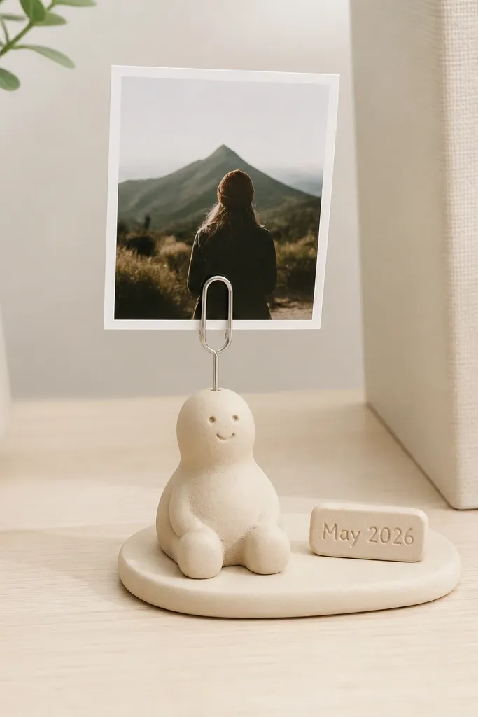 A small desk photo holder made from air-dry clay; a simple clip holds a tiny photo; a separate clay date plate at the base reads “May 2026”; neutral beige clay with a smooth finish.