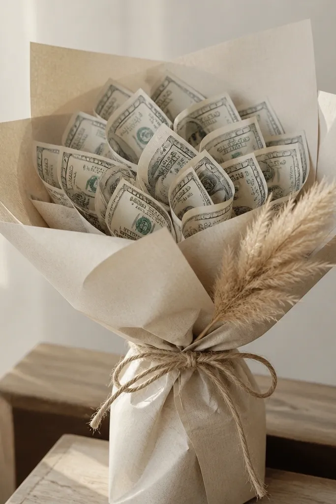 A money bouquet wrapped in cream kraft paper with visible paper texture, tied with natural twine; a small dried pampas plume is tucked near the bow.