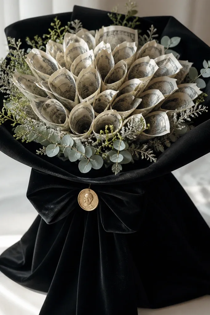 A sleek money bouquet with a deep black velvet ribbon wrapped around the base like a picture frame, with a glossy accent coin charm near the center.