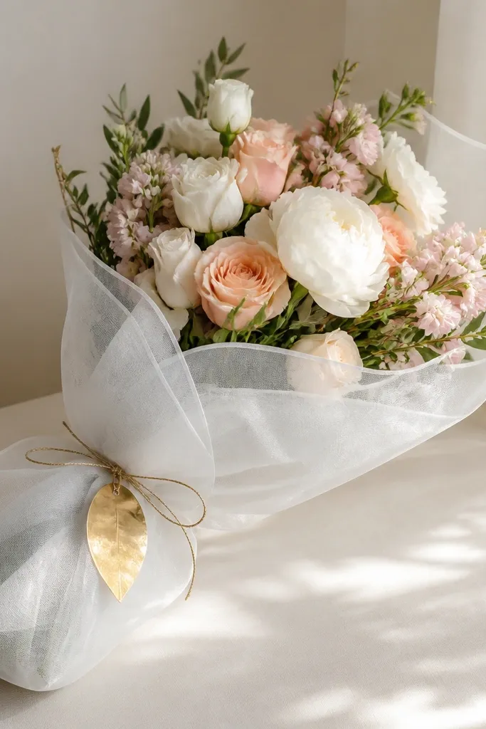 A bouquet in a translucent white organza sleeve, finished with a gold foil tag tied with thin gold string.