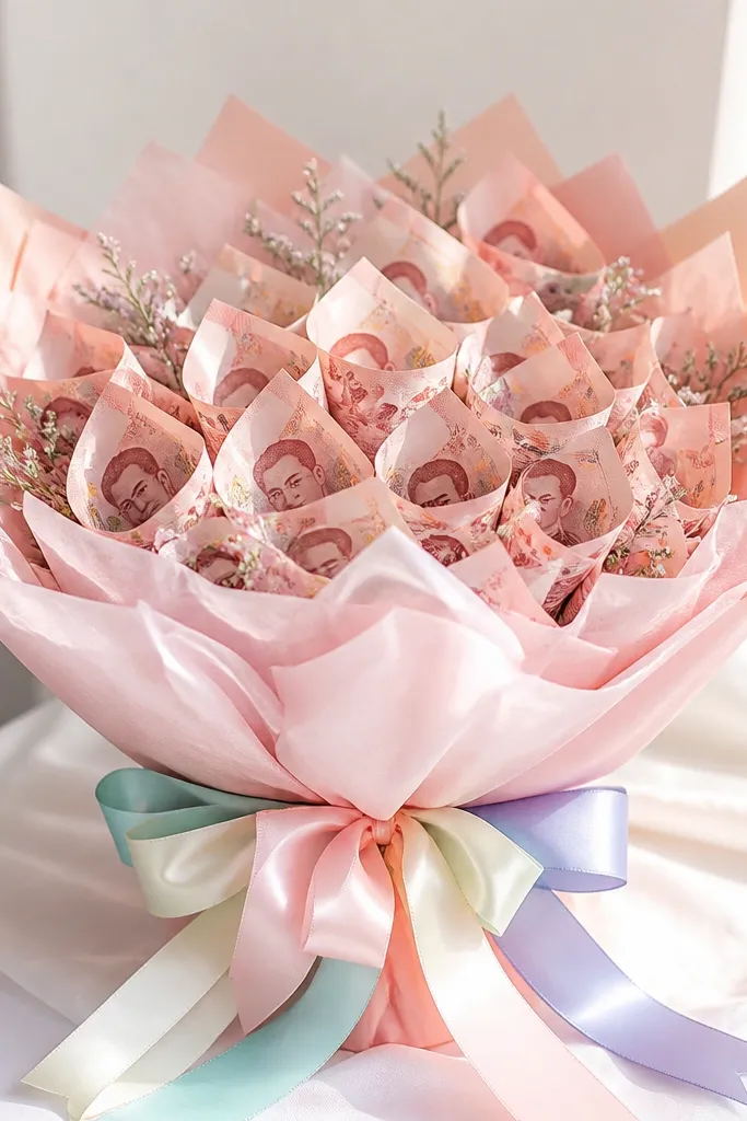 Money bouquet wrapped in pastel tissue paper with small folded peaks on the outer edges, plus a multi-color ribbon at the base.