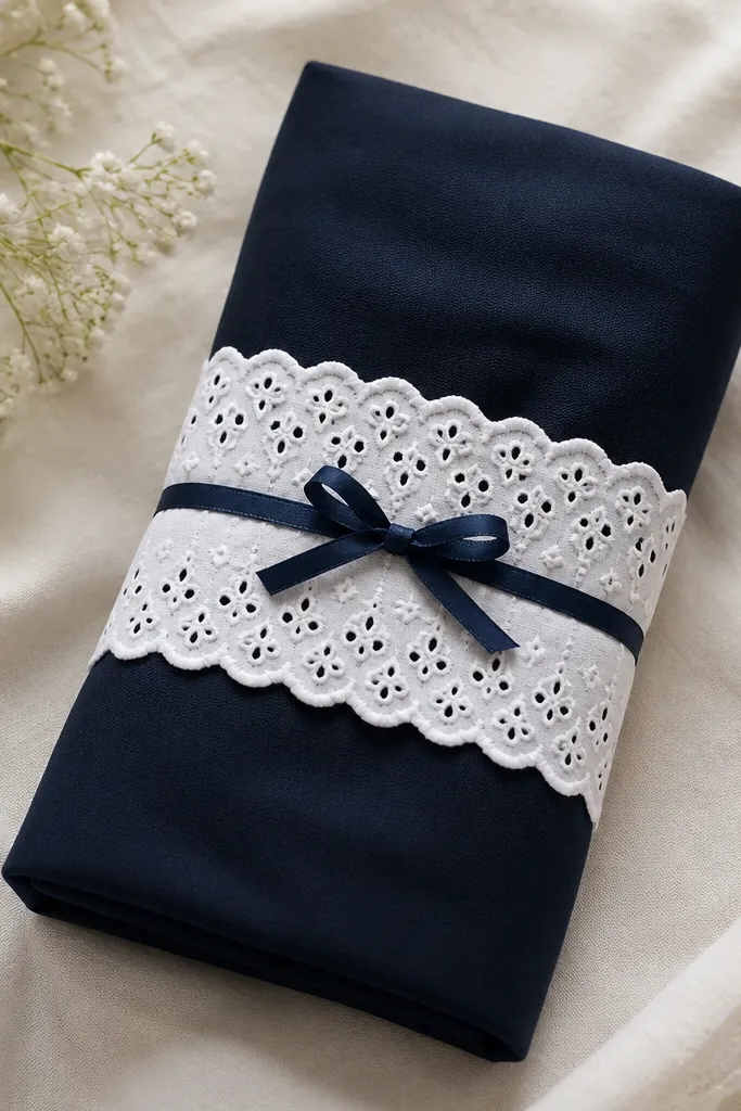 A dark navy wrap with a white eyelet lace band around the middle, finished with a small navy bow.