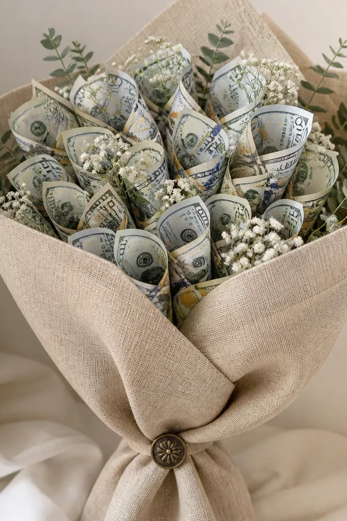 A money bouquet wrapped in beige linen-textured fabric, pinned at the base with a small round decorative button.