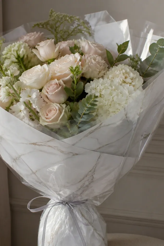 A bouquet wrapped in marble-print paper, sealed with a clear cellophane layer that shows the print underneath; a thin silver ribbon ties it.