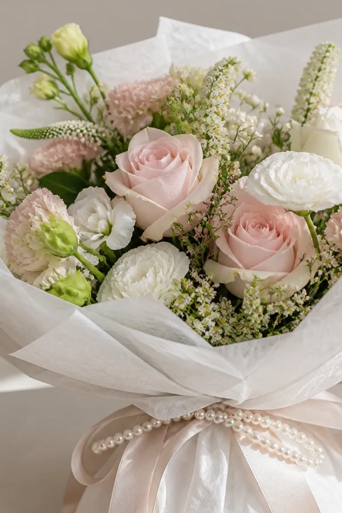 A bouquet wrapped in textured white tissue with a small pearl bead garland looped around the base and tucked under a ribbon.