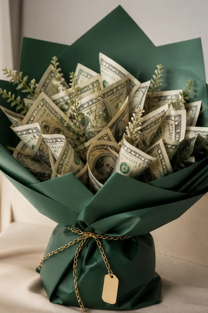 A money bouquet wrapped in deep emerald paper, tied with a delicate gold chain instead of ribbon, with a small gold tag at the knot.