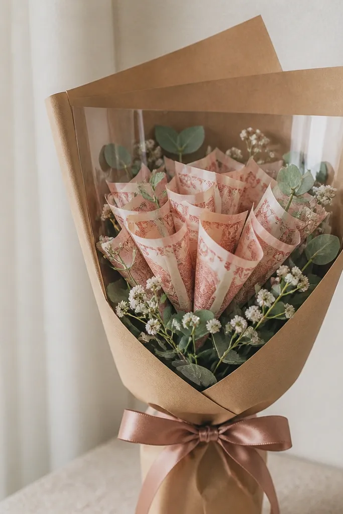 A bouquet wrapped with craft paper backing and a clear window panel in the front, showing a framed view of the money pieces; finished with a ribbon around the back.