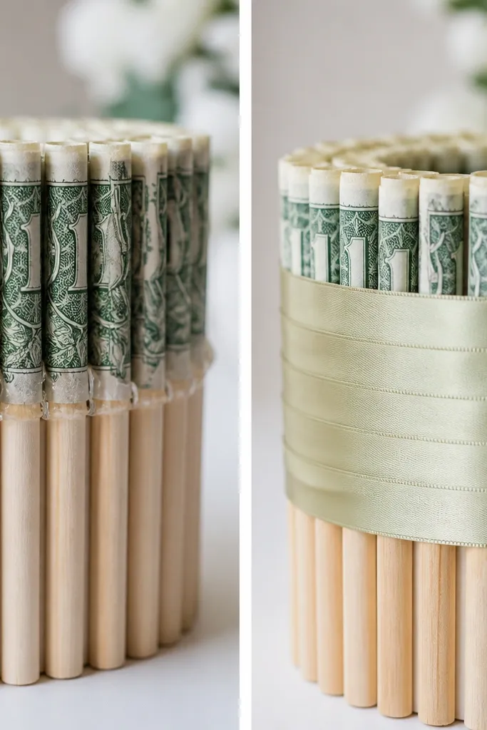 Before image shows visible hot glue blobs where money meets the sticks; after image shows a smooth layered satin ribbon band covering all attachment points.