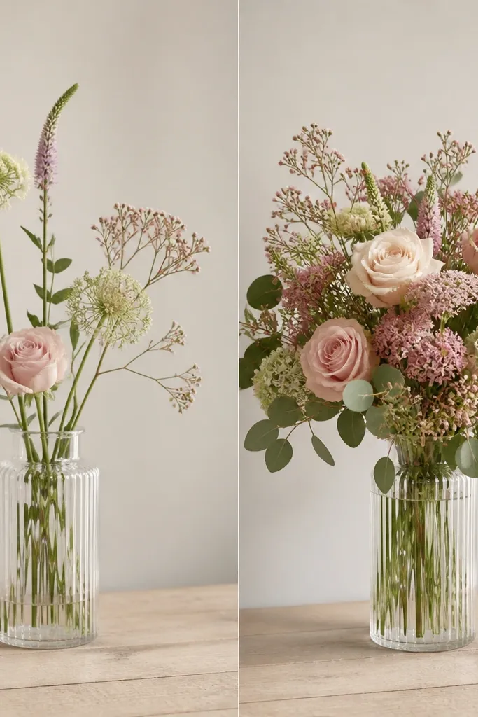 Before shows a sparse bouquet with wide gaps between stems; after shows a denser arrangement with evenly spaced picks and a rounded silhouette.