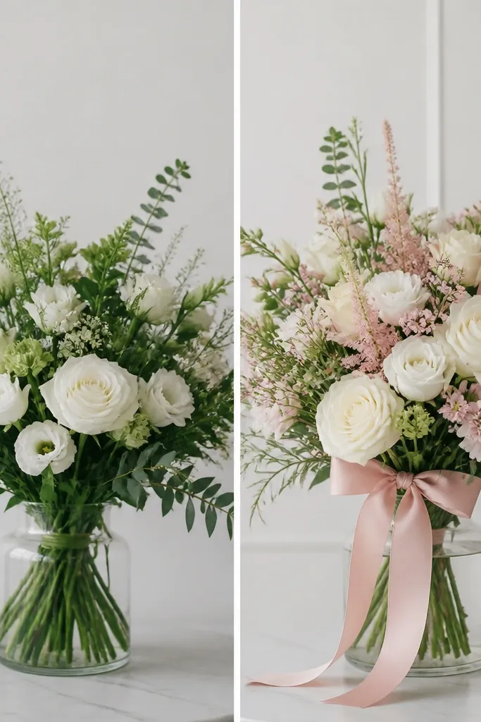 Before image has mostly one tone (all green or all white) with dull contrast; after image shows pastel accents like blush ribbon, light pink filler flowers, and a matching card tag.