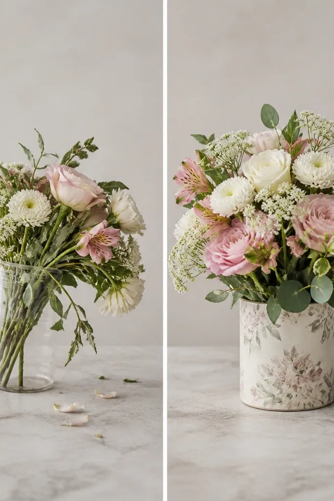 Before shows stems leaning and the bouquet drooping in a flimsy cup; after shows the same bouquet sitting upright in a decorated container with a dense foam block holding stems straight.