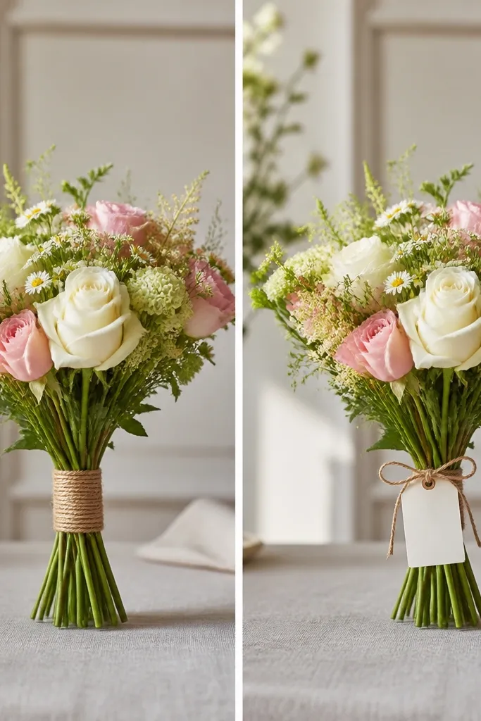 Before image shows only the bouquet; after image adds a small cardstock tag tied to the handle with twine, with neatly written recipient and occasion.