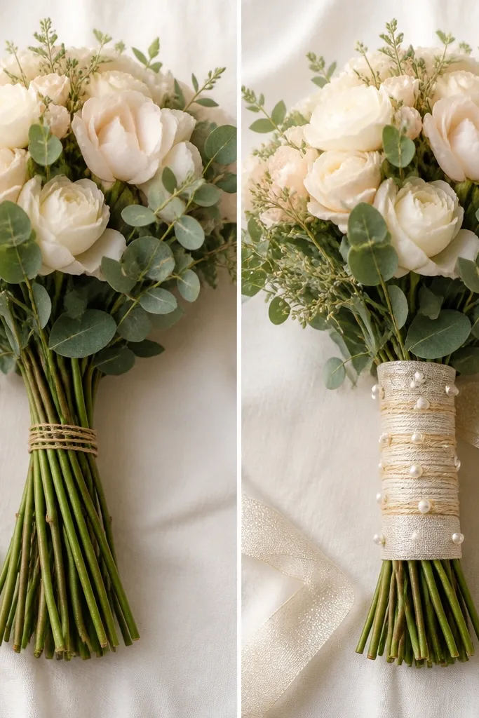 Before shows bare stems with thin twine; after shows twine wrapped in a spiral with small pearl-like accents and a soft sparkle ribbon around the handle.
