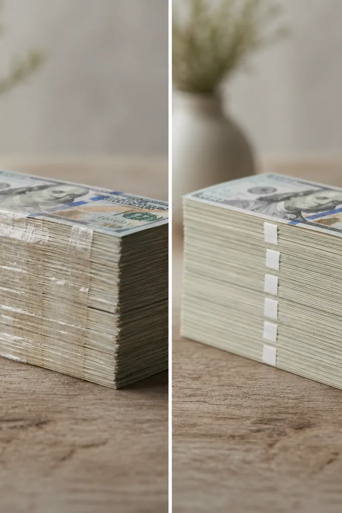 Before shows heavy tape across the front of bills; after shows tiny tape points only on the back, with bills looking clean and crisp.