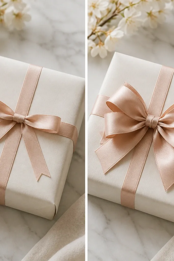 Before shows a single flat bow; after shows a fuller double-layer bow with one looped ribbon band and a second ribbon layer underneath.