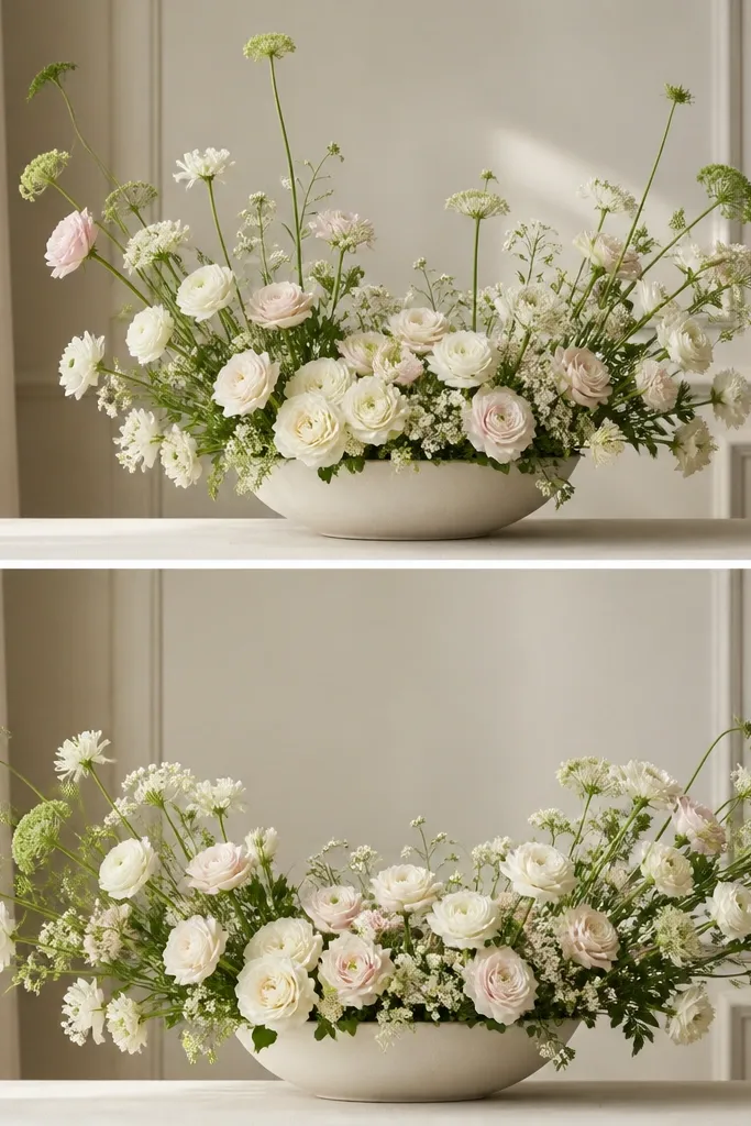 Before shows stems at random heights; after shows a clear tiered look with shorter center stems and taller outer stems forming a gentle arc.