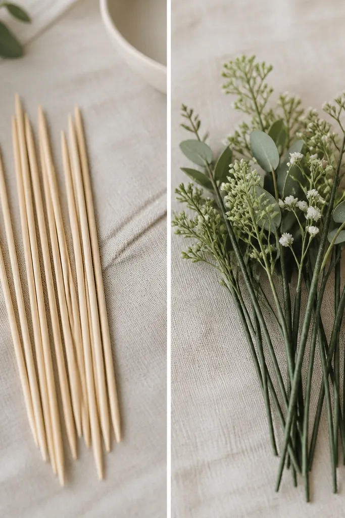 Before shows plain craft sticks or thin picks; after shows stems wrapped with green floral tape and topped with tiny faux leaves and filler flowers.