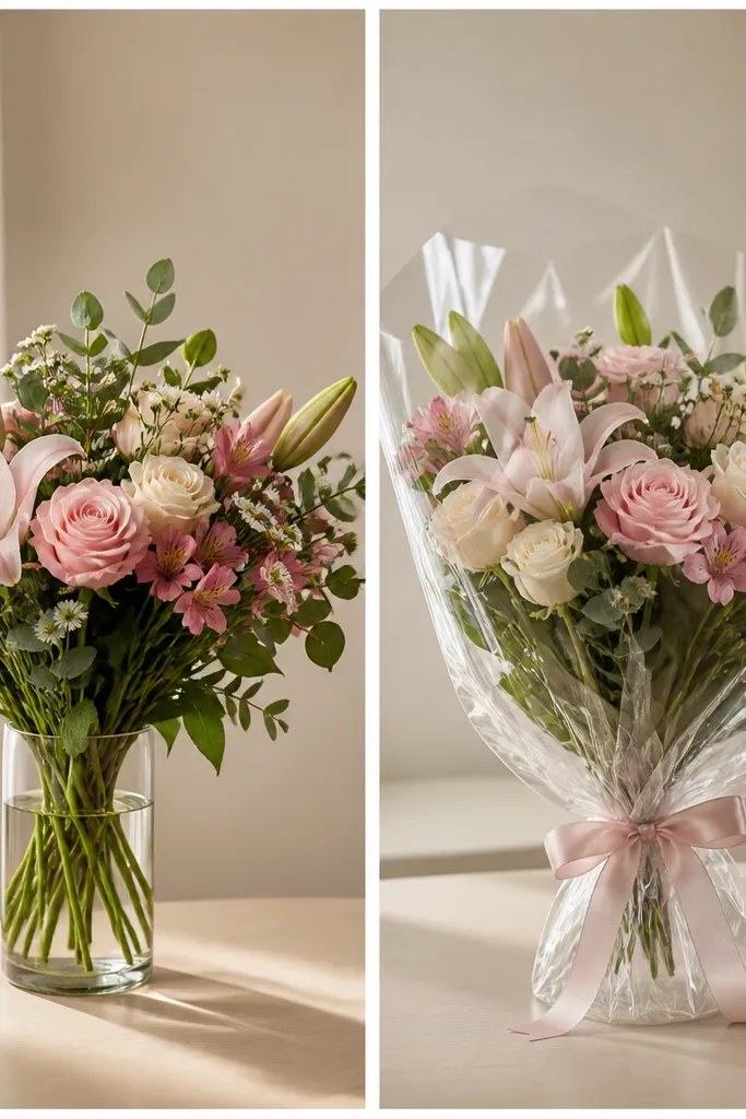 Before shows the bouquet sitting uncovered; after shows it wrapped in clear cellophane with a clean crinkle, tied with ribbon for a smooth presentation.