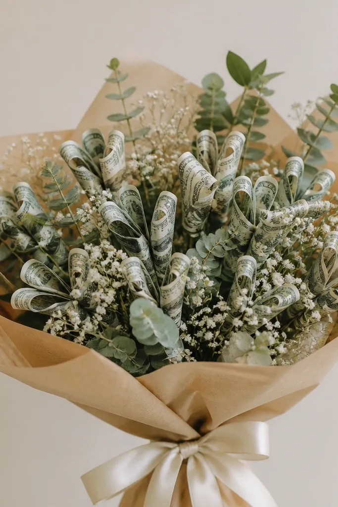 A minimalist money bouquet in sage green and cream, with small looped cash sprigs scattered like baby’s breath and a neutral kraft wrap around the base.