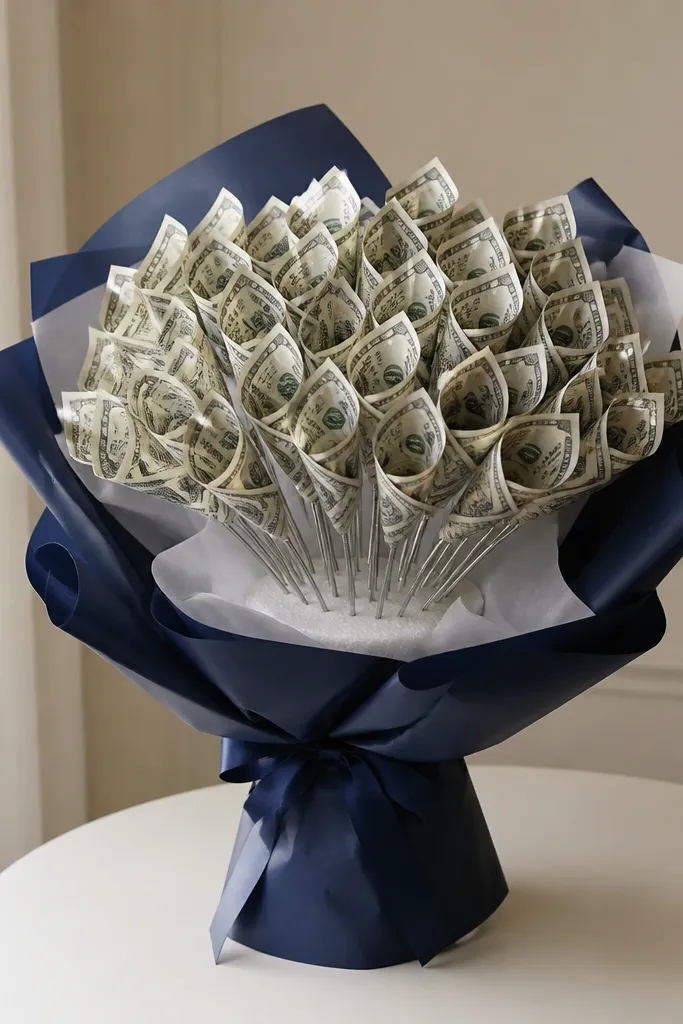 A structured money bouquet with navy ribbon wrap, white foam base, silver stems, and neatly folded bills arranged like uniform flower heads.