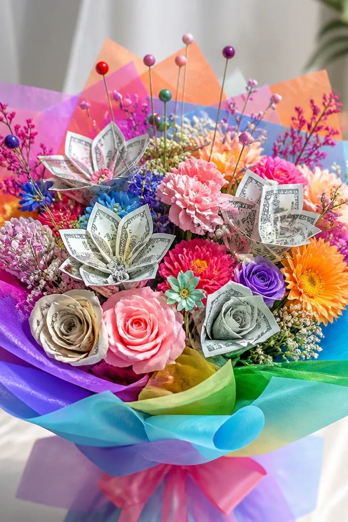 A vibrant bouquet with rainbow-colored tissue layers, multicolor floral picks, and cash bills folded into colorful flower shapes across the arrangement.