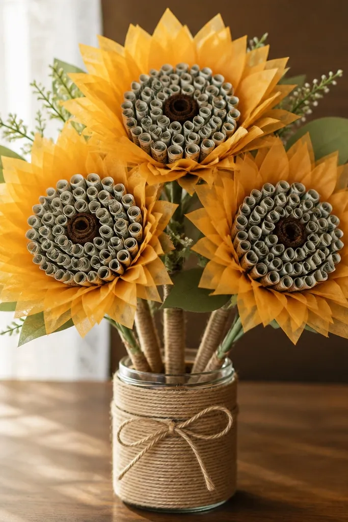 A sunflower-themed money bouquet with mustard tissue petals, brown center circles made from rolled bills, and twine-wrapped stems in a mason-jar style base.