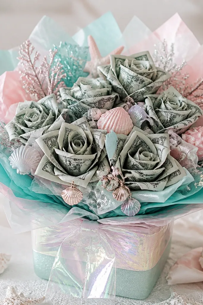 A pastel ocean-themed money bouquet with teal and pink tissue, shimmering shell charms tucked between cash flowers, and a foam base wrapped in iridescent ribbon.