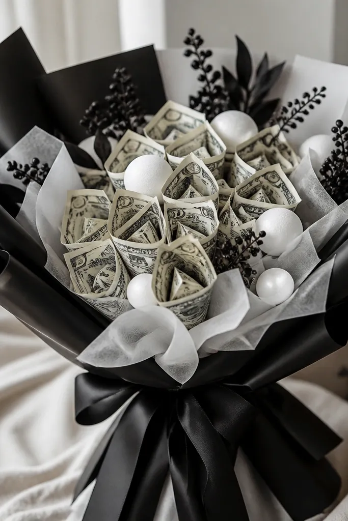 A sleek black-and-white money bouquet with black ribbon, white foam, black floral picks, and bills folded into clean geometric loops.