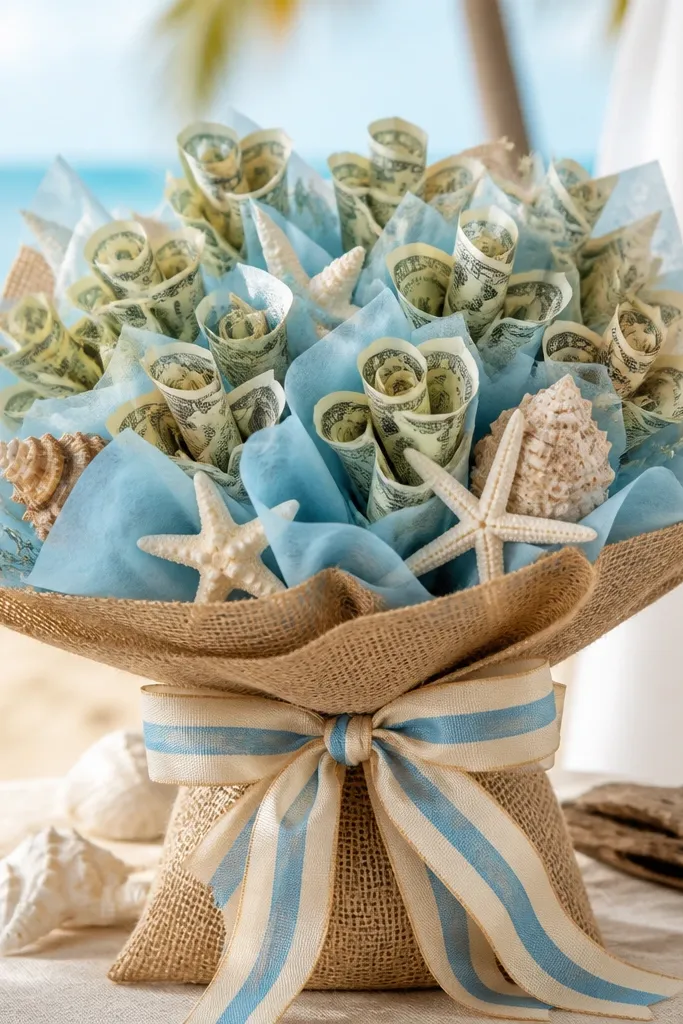 A beachy money bouquet with burlap wrap at the base, blue stripe ribbon, and cash flowers placed among light blue tissue waves.