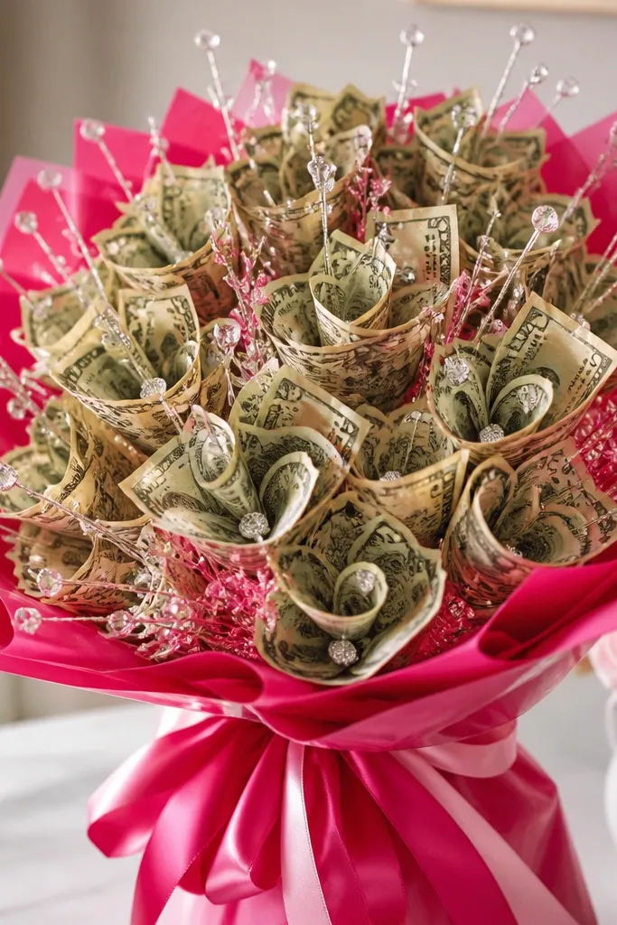 A glam money bouquet with hot pink ribbon wrap, sparkly stems, bills folded into flower-like rosettes, and small rhinestone picks tucked throughout.