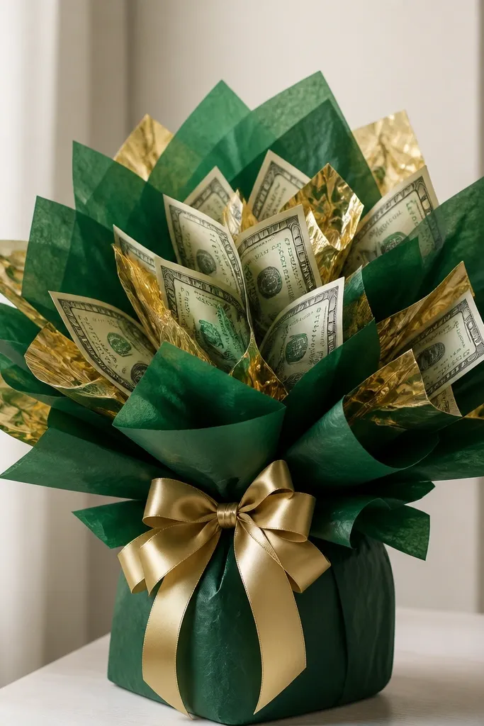 An emerald green money bouquet with gold foil accents, green tissue petals, and a large gold bow at the top of a wrapped foam base.