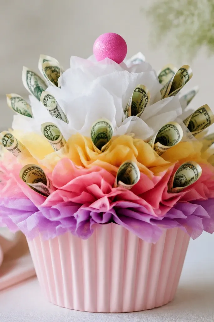 A fun cupcake-themed money bouquet with a foam base shaped like a cupcake, colorful tissue frosting layers, and bills folded into simple loops as “sprinkles.”