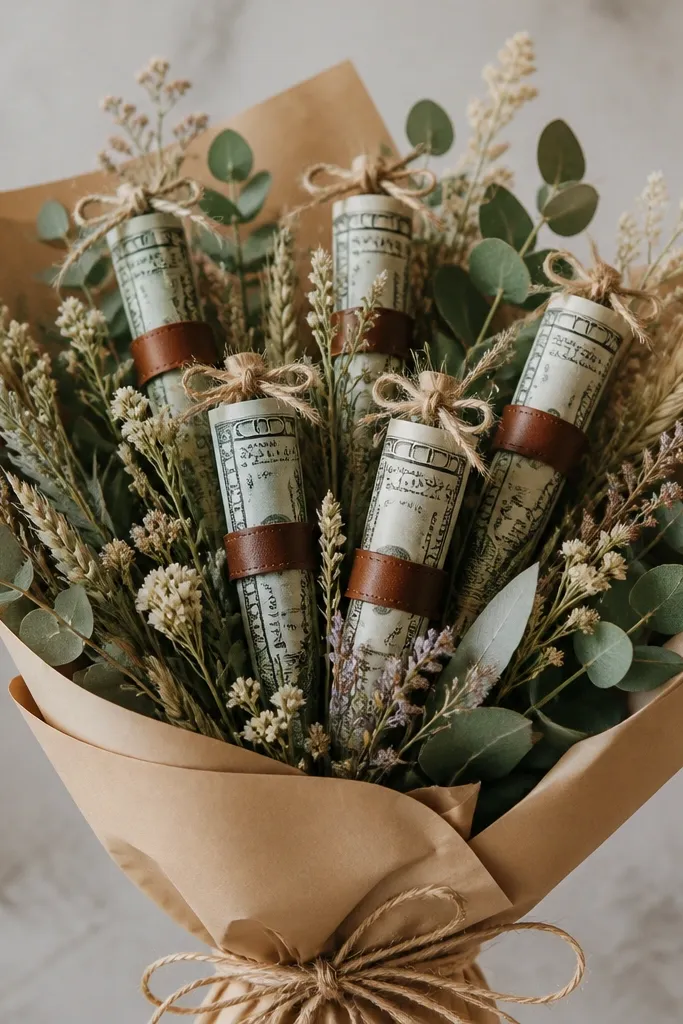 A rustic bouquet wrapped in brown kraft paper like a gift, with several money bills rolled into cylinders and secured by faux leather strips; small twine bows sit at the top.