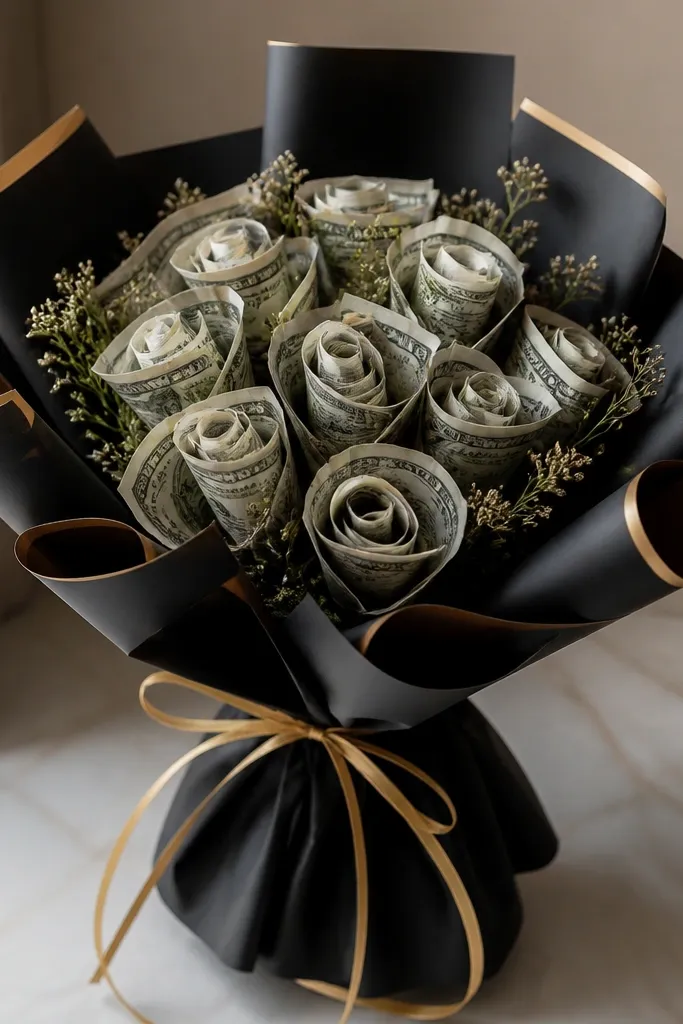 A sleek bouquet in black wrapping paper with gold accents; multiple rolled bills are arranged like carnations, and a thin gold ribbon ribbon-ties the base.