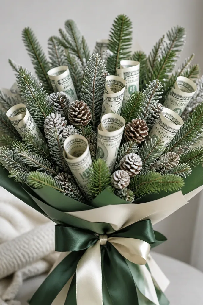 A winter-themed money bouquet with faux pine branches, small pinecones, and rolled bills tucked into the greenery; green and cream ribbon wraps the base.