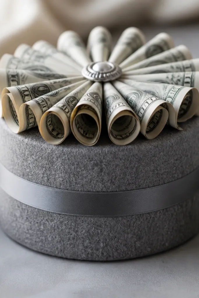 A gray felt-wrapped foam base with a smooth band around the middle; rolled bills peek out like petals, and a small silver button decorates the top.
