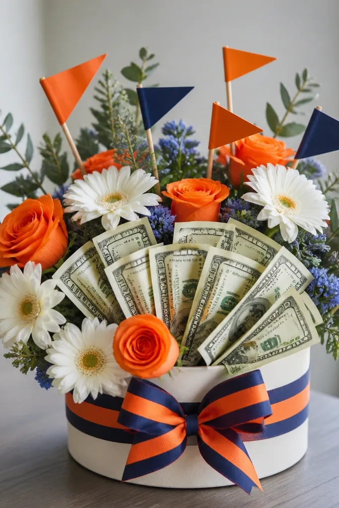 A sporty bouquet with small triangle flags in team colors, plus wedge-shaped folded bills arranged in a fan; a striped ribbon wraps the foam base.