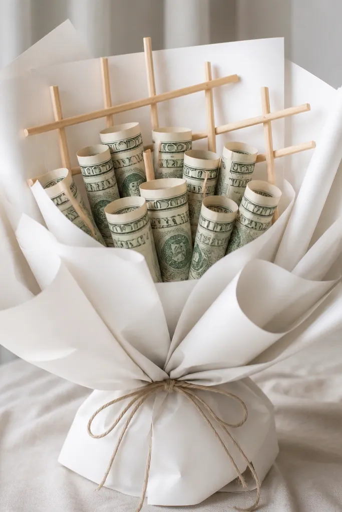 A white wrapping-paper bouquet with light wood sticks forming a grid around the foam; rolled bills are nestled at the center with a thin twine bow.