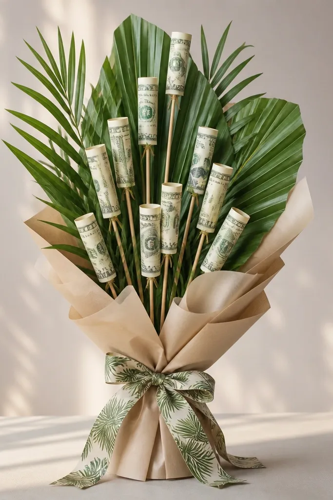 A minimalist tropical bouquet with bamboo skewers, a few faux palm leaves, and rolled bills set among the leaves; base wrapped in light tan paper with a palm-pattern ribbon.